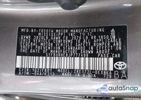 2018 Toyota Corolla Le из США, поврежденный, VIN 5YFBURHE8JP777499